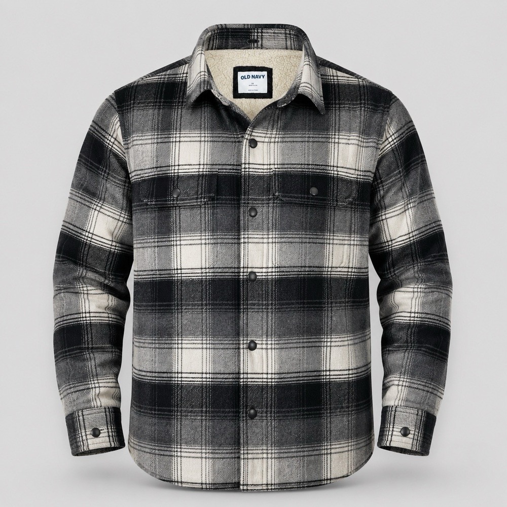 Old Navy Wool Blend Sherpa Lined Plaid Jacket Men's Size Large Button Snap Heavy